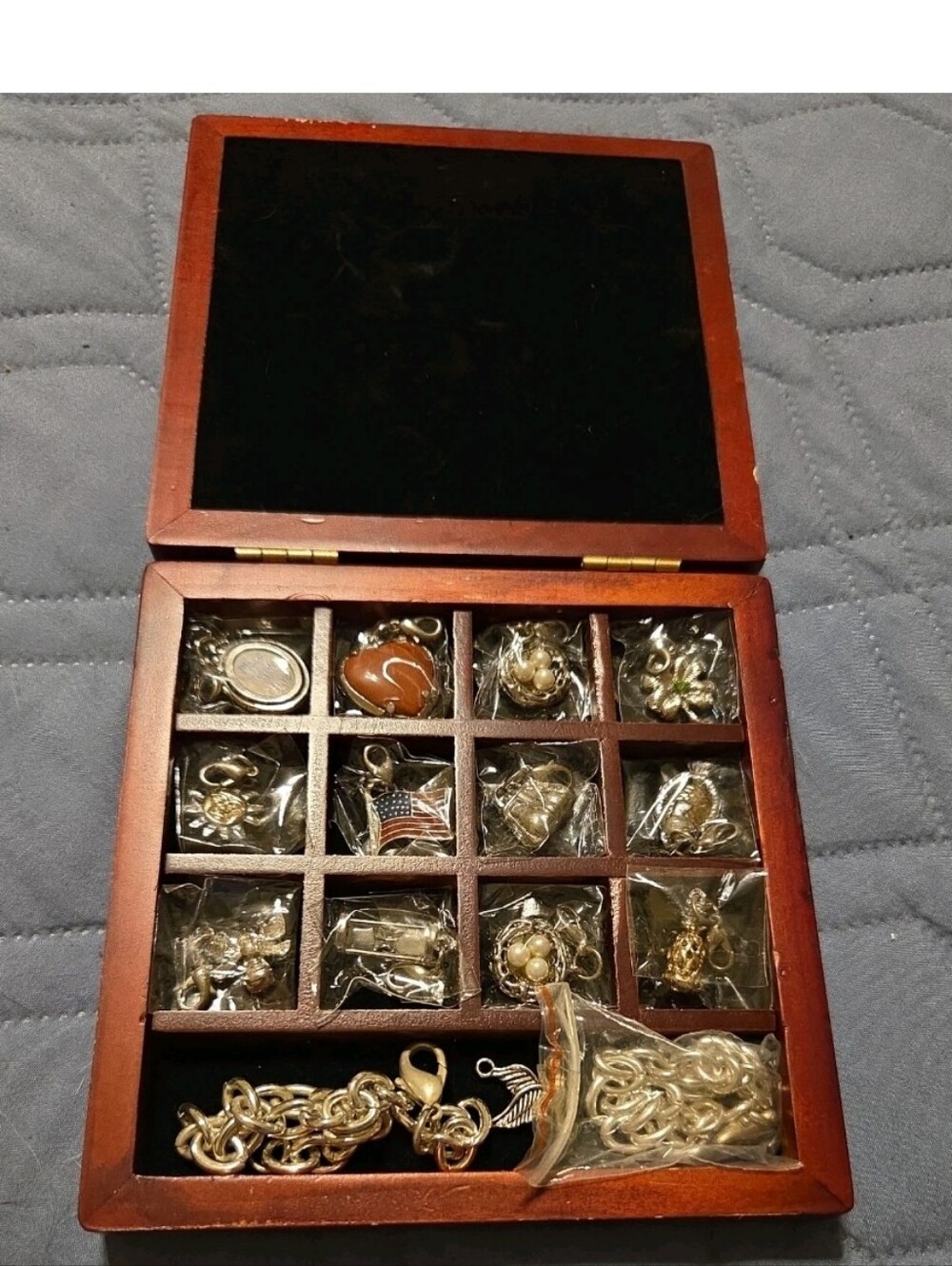 Vintage Charm Bracelet Set 12 Charms Wooden Box 2 Bracelets Interchangeable